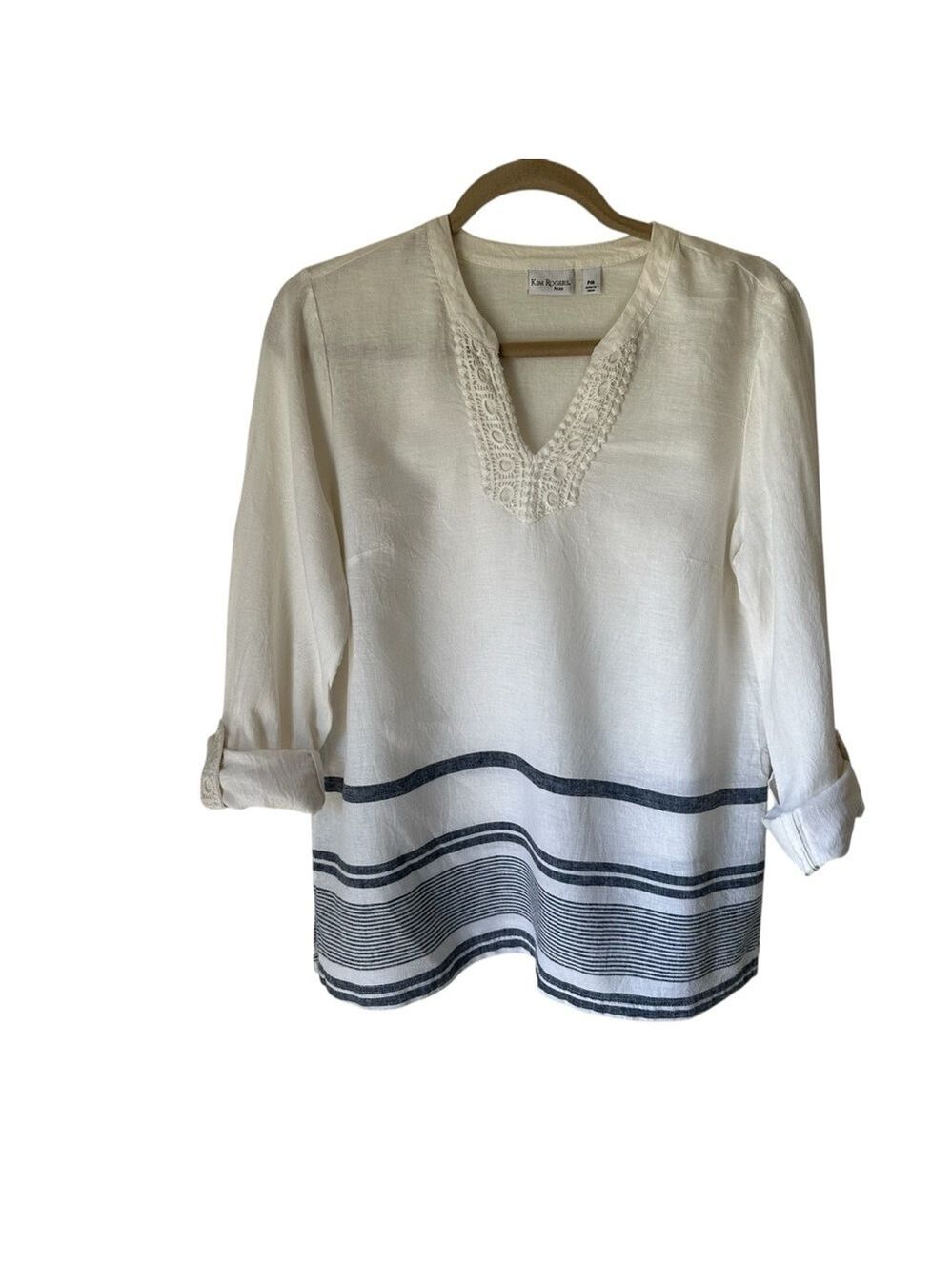 Kim Rogers Women’s Roll Tab Linen Blend Adjustable Sleeve V-Neck Beachy Top PM - Picture 5 of 8